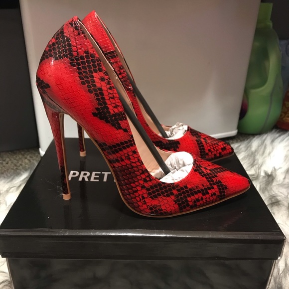 PrettyLittleThing Shoes - PrettyLittleThing Red Snake Skin Heels